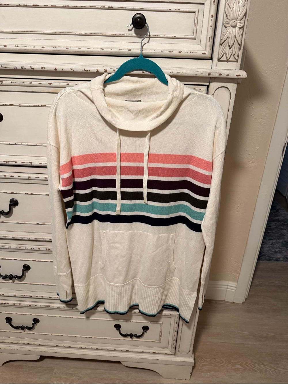 Cream Striped Pullover Hoodie Sweater